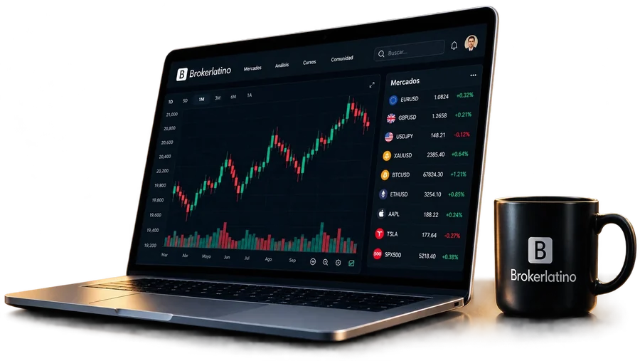 Laptop con la plataforma de mercados de Brokerlatino y una taza con el logo